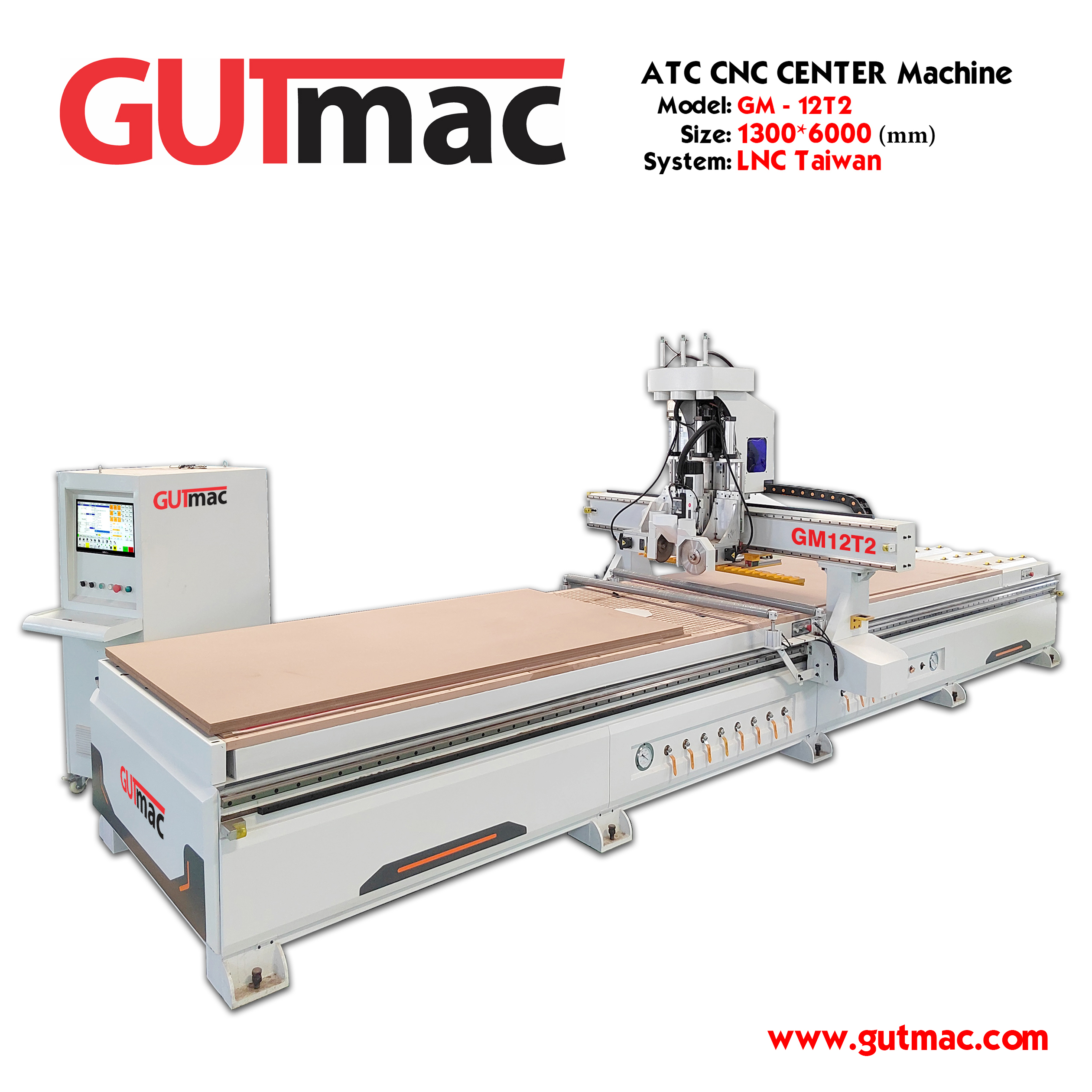 Máy CNC ATC CUTTING GCTT 12 dao kết hợp 2 lưỡi cưa đơn GM12T2 Có tích hợp gắp ván tự động, kích thước bàn làm việc tiêu chuẩn 1300*6000mm